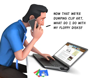 Uomo stilizzato al computer chiede cosa fare dei floppy disk ora che le clip art Microsoft non sono più disponibili