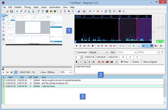 Interfaccia di Aegisub con video, spettrogramma audio e area testo per creare sottotitoli sincronizzati nei corsi e-learning