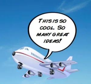 Aereo in stile fumetto con balloon che esprime entusiasmo per nuove idee grafiche in e-learning