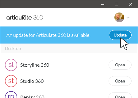 Schermata dell’app desktop Articulate 360 con notifica di aggiornamento disponibile e pulsante Update evidenziato