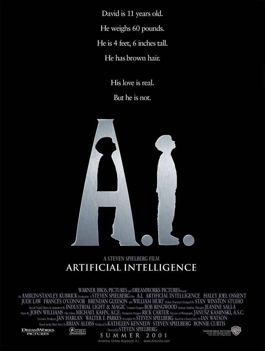 Locandina del film A.I. Artificial Intelligence di Steven Spielberg con silhouette di bambino e testo descrittivo