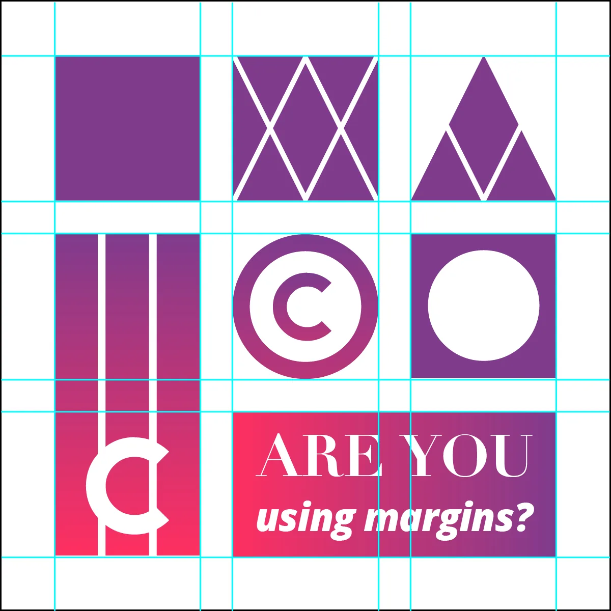 Griglia con forme geometriche e testo che evidenzia l'importanza di margini e allineamento nel visual design eLearning
