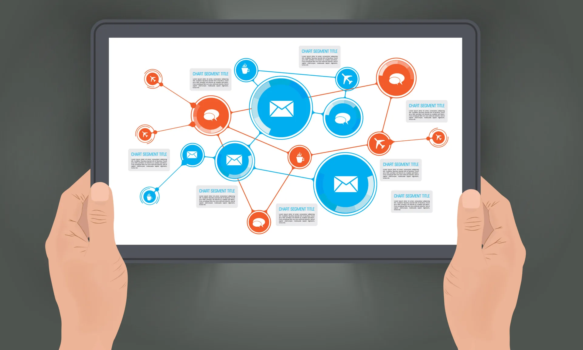 Mani che tengono un tablet con una dashboard di analisi dati eLearning composta da nodi e icone collegate tra loro