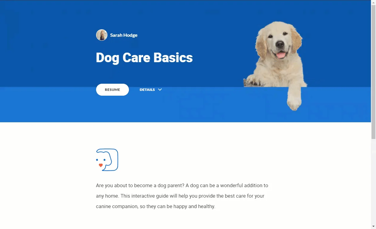 Cane animato accoglie i discenti nella schermata iniziale di un corso online su Articulate Rise