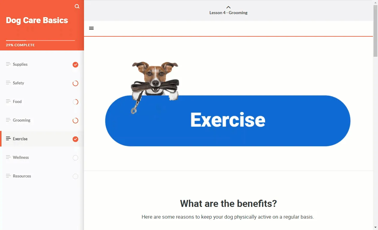 Animazione di un cane con guinzaglio in bocca sopra un pulsante blu con la scritta Exercise in una lezione e-learning