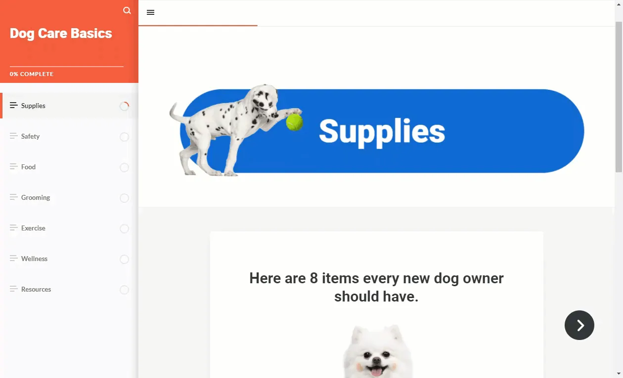 Corso e-learning sulla cura dei cani con animazione di un dalmata e intestazione Supplies