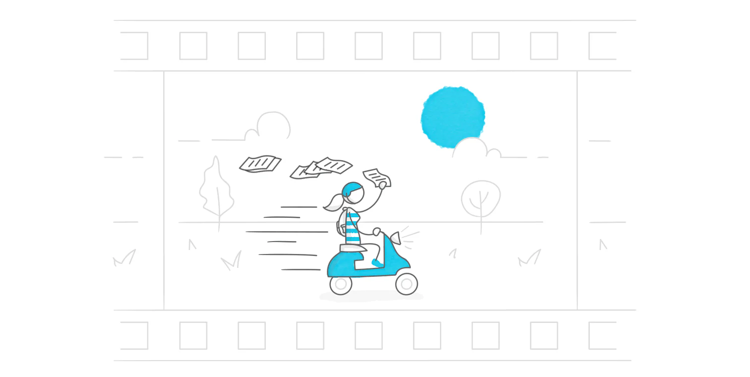 Disegno stilizzato di una ragazza su uno scooter blu che consegna fogli animati, simbolo di animazione nei corsi online