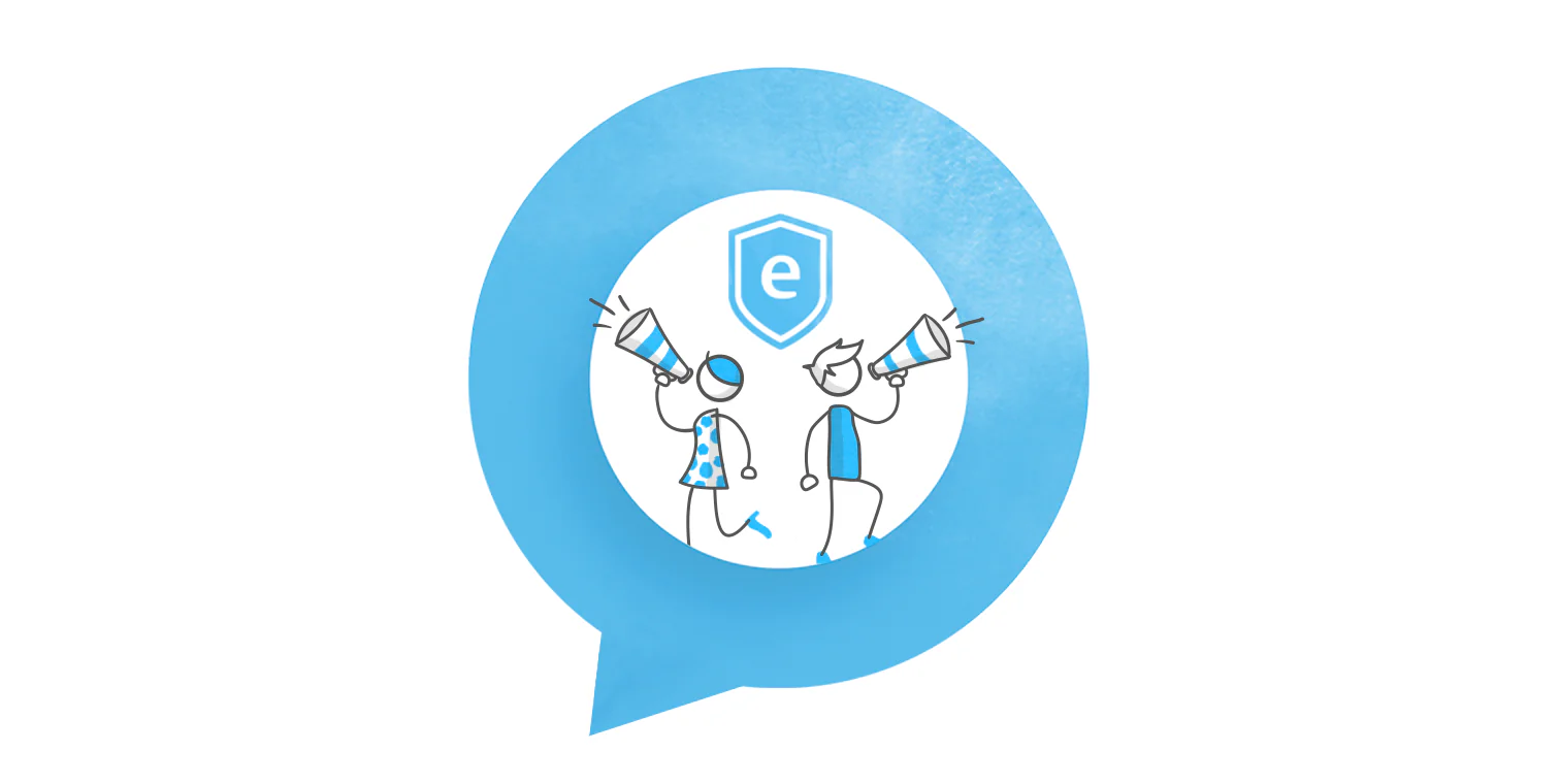 Due personaggi stilizzati con megafoni annunciano novità Articulate 360 all’interno di un fumetto blu con logo e-learning