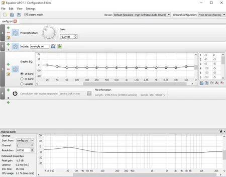 Interfaccia di Equalizer APO su Windows 10 con pannelli per la regolazione delle frequenze audio e analisi dello spettro