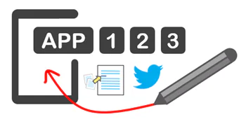 Illustrazione con icone di app, documento, Twitter e una penna che rappresenta strumenti digitali utili per l'e-learning