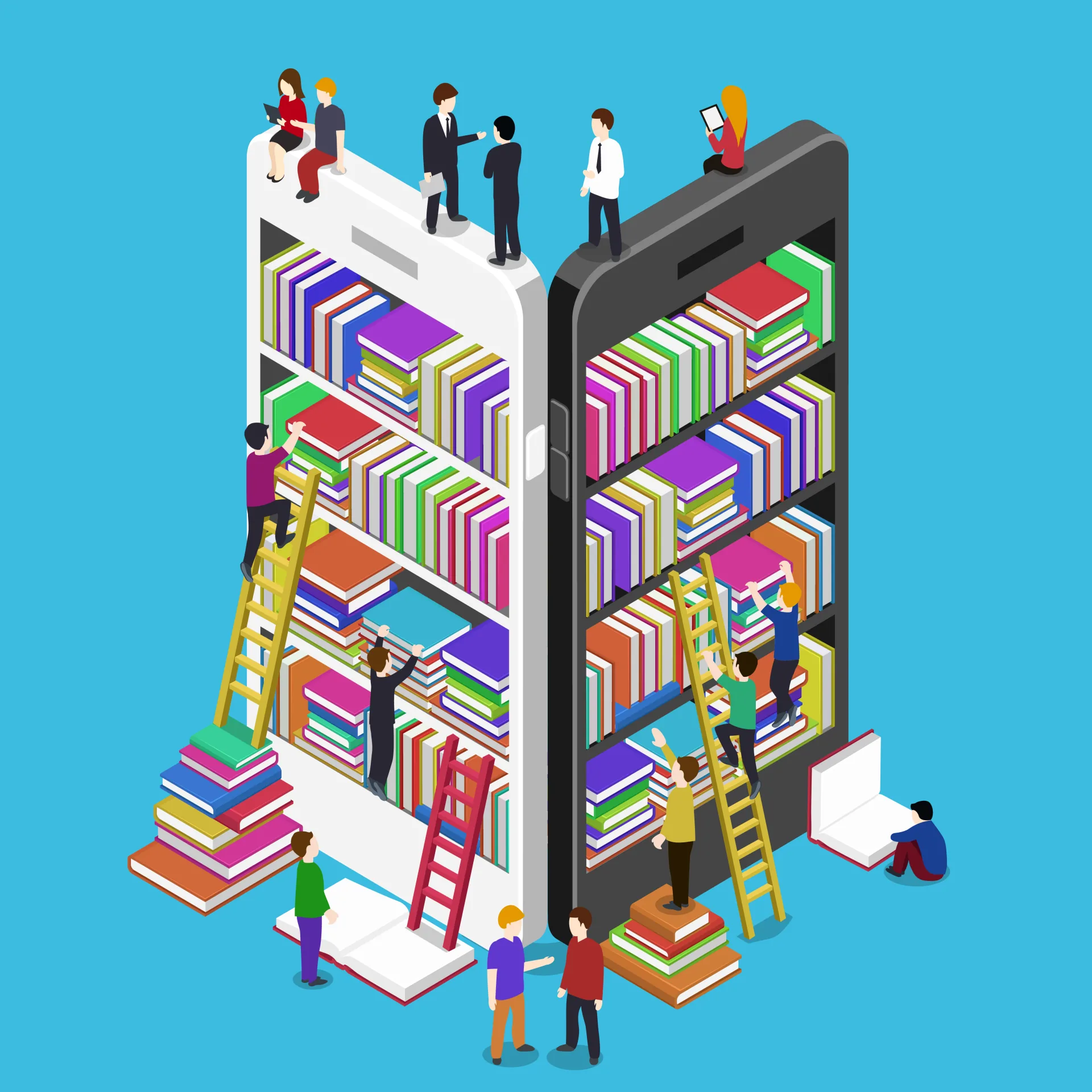 Persone che interagiscono con scaffali di libri all’interno di due grandi smartphone, simbolo di apprendimento digitale