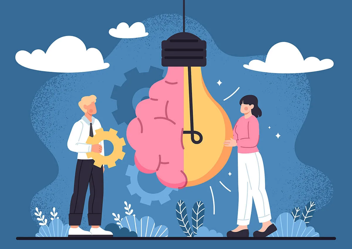 Due persone collaborano davanti a una lampadina metà cervello e metà luce, simbolo di apprendimento multimodale