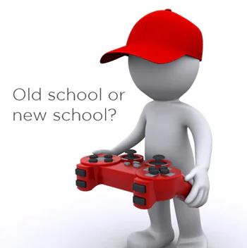 Personaggio stilizzato con cappellino rosso e controller da videogiochi accanto alla scritta old school or new school