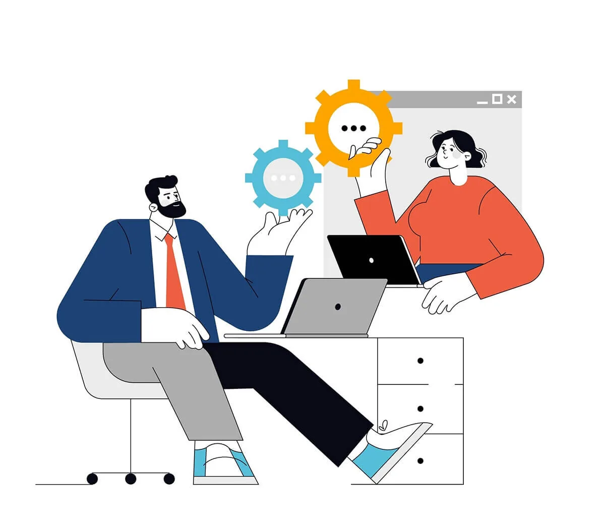 Due colleghi discutono e collaborano davanti ai laptop scambiandosi idee rappresentate da ingranaggi colorati