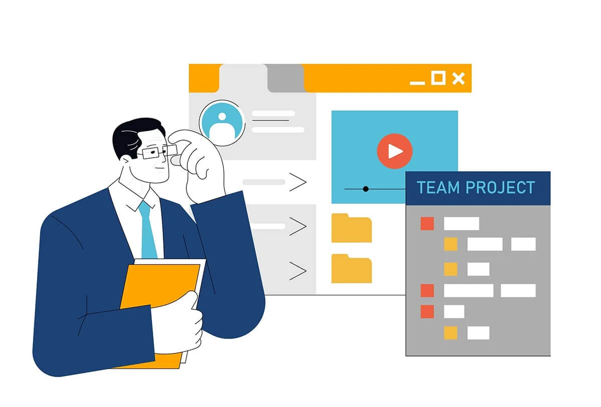 Persona riflette davanti a una schermata digitale con progetto di team e contenuti multimediali, simbolo di collaborazione