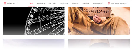 Anteprima della homepage di Gratisography con categorie di immagini gratuite per e-learning