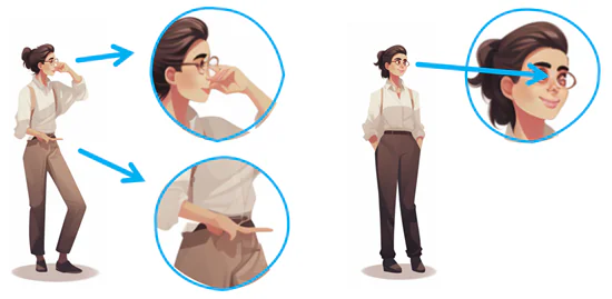 Due illustrazioni AI di una donna con dettagli evidenziati che mostrano errori come dita e occhi distorti