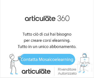 Banner Articulate 360 che promuove la creazione di corsi elearning con un unico abbonamento e supporto Mosaicoelearning