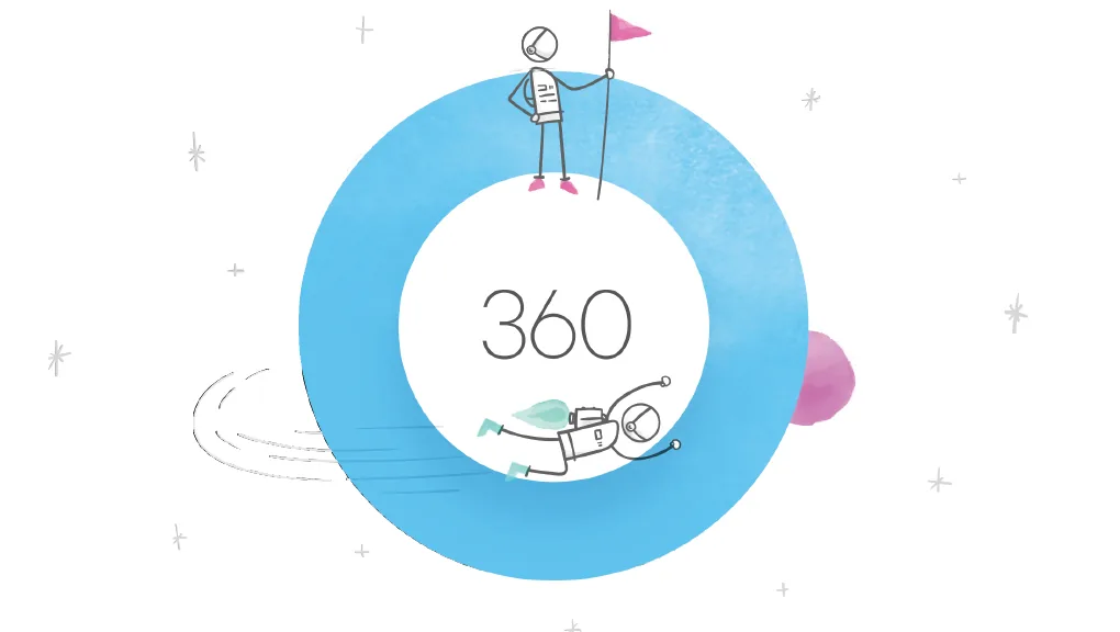 Due personaggi stilizzati interagiscono con un grande cerchio azzurro e la scritta 360, simbolo delle novità Articulate 360