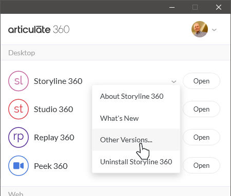 Menu a tendina dell’app desktop Articulate 360 con selezione della voce Other Versions per Storyline 360