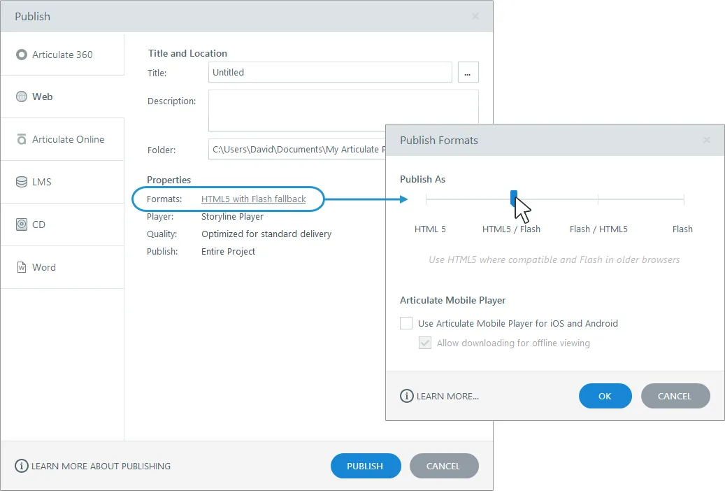 Finestra di pubblicazione di Articulate 360 con opzione per scegliere tra output HTML5, Flash o entrambi