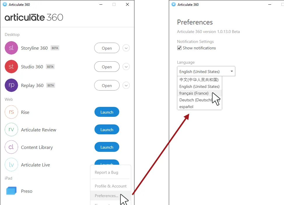 Schermata delle preferenze di Articulate 360 con menu per scegliere la lingua dell’interfaccia tra più opzioni