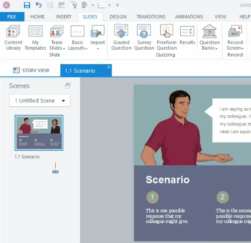 Interfaccia di Articulate 360 con una diapositiva scenario condivisa tramite Team Slides per corsi e-learning