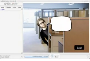 Schermata di un corso e-learning con personaggio in ufficio e fumetto vuoto per feedback interattivo