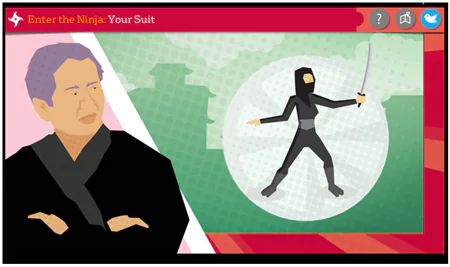 Illustrazione di un ninja con spada e figura maschile su sfondo stilizzato, tratta dal demo vincitore Enter the Ninja