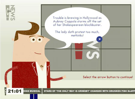 Personaggio cartoon in ambiente notiziario con fumetto e istruzioni interattive, esempio di corso eLearning