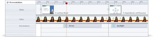Timeline di Articulate Presenter ’12 con video distribuito su più slide e annotazioni visibili per la gestione dei contenuti