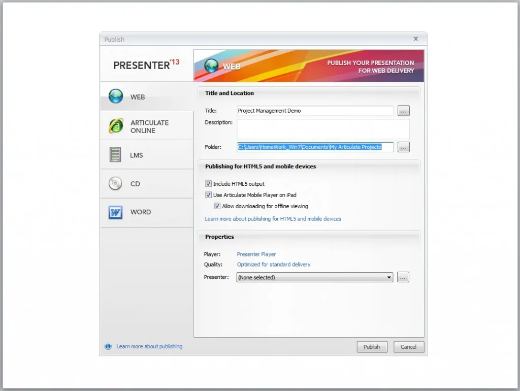 Finestra di pubblicazione di Articulate Presenter '13 con opzioni per esportare una presentazione in HTML5 e su iPad