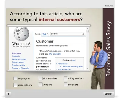 Schermata di una domanda quiz in Articulate Quizmaker ’12 su clienti interni con esempio di Wikipedia