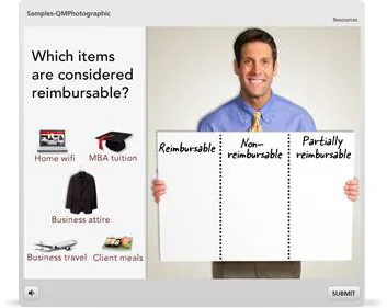 Schermata di una domanda drag-and-drop in Articulate Quizmaker ’12 con oggetti da classificare come rimborsabili