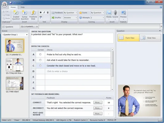 Interfaccia di Articulate Quizmaker ’12 con schermata di creazione di una domanda a scelta multipla