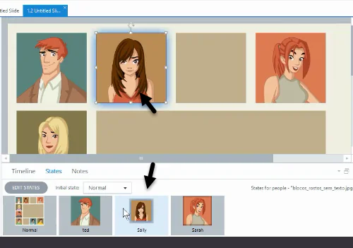 Interfaccia di Articulate Storyline 2 con selezione dello stato di un personaggio per immagini interattive
