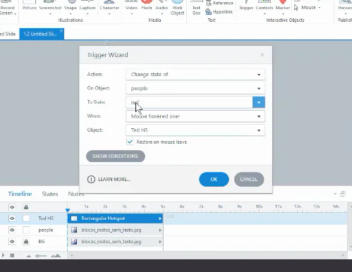 Finestra Trigger Wizard di Articulate Storyline 2 che mostra la configurazione di un trigger per cambiare stato di un oggetto