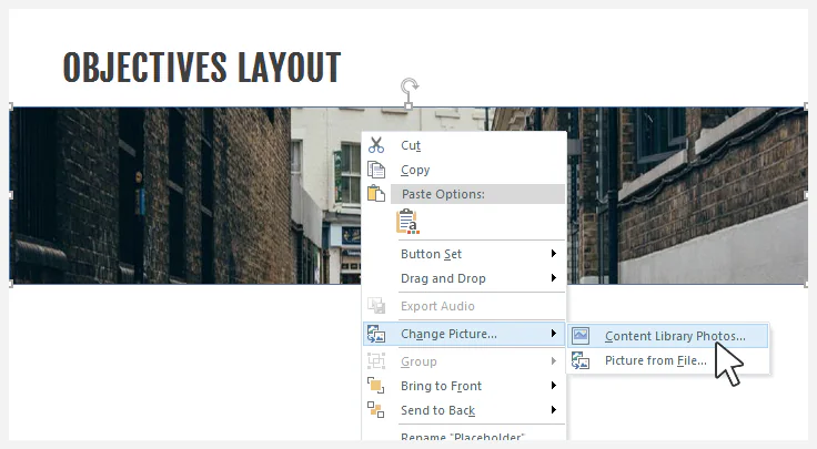 Menu contestuale di Storyline 360 con opzione per sostituire un'immagine tramite Content Library