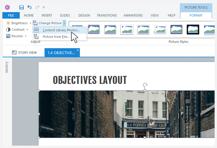 Menu Format di Articulate Storyline 360 con Change Picture selezionato per sostituire una foto dalla Content Library