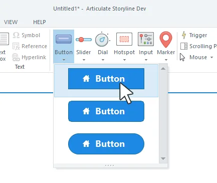 Menu di Articulate Storyline 360 con selezione di nuovi bottoni rettangolari tramite cursore