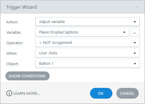 Finestra Trigger Wizard di Storyline 360 che mostra la configurazione di un trigger per attivare o disattivare le didascalie