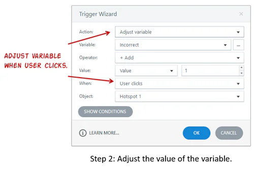 Finestra Trigger Wizard di Articulate Storyline 360 che mostra la modifica di una variabile al click dell’utente