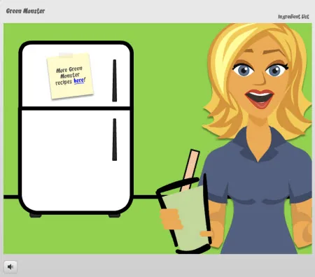 Personaggio animato femminile tiene un frullato davanti a un frigorifero in un corso interattivo Articulate Storyline