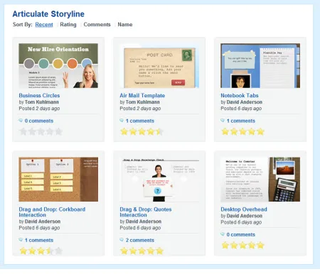 Galleria di template e slide interattivi condivisibili in Articulate Storyline con anteprime e valutazioni
