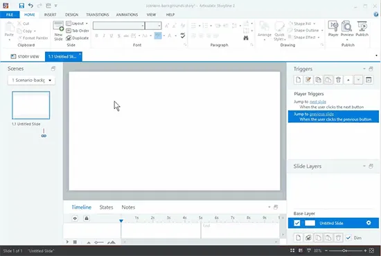 Interfaccia di Articulate Storyline con focus sull’inserimento di livelli per la creazione di scenari ramificati e-learning