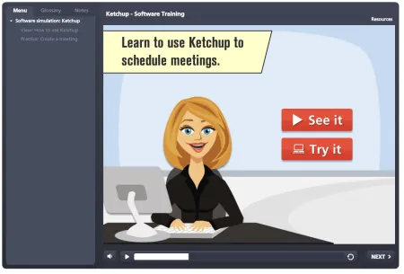 Schermata di un corso e-learning in Articulate Storyline con personaggio illustrato e pulsanti interattivi per simulazione