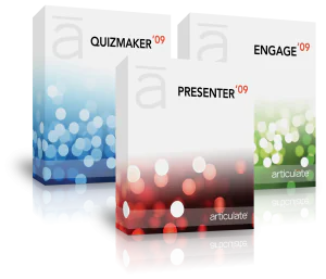 Tre confezioni dei software Articulate Studio 09 Quizmaker, Presenter ed Engage utilizzati per rapid e-learning