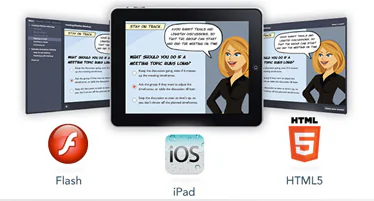 Corso eLearning di Articulate Studio '13 visualizzato su tablet e desktop con icone Flash, iOS e HTML5