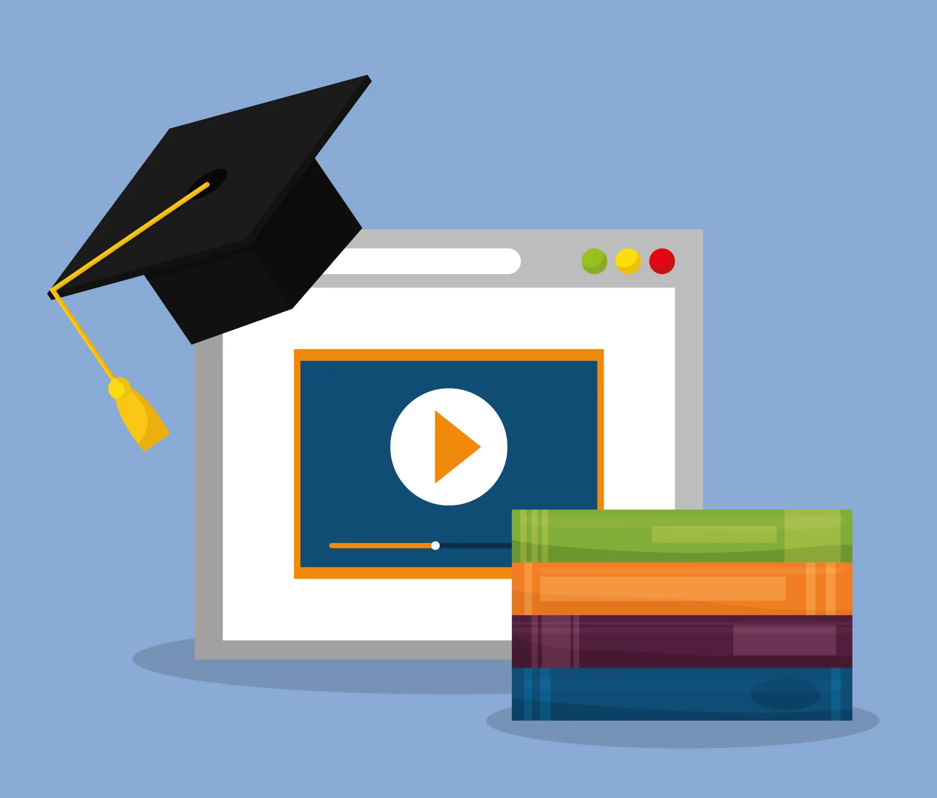 Cappello di laurea, finestra video e libri colorati rappresentano apprendimento digitale e attenzione