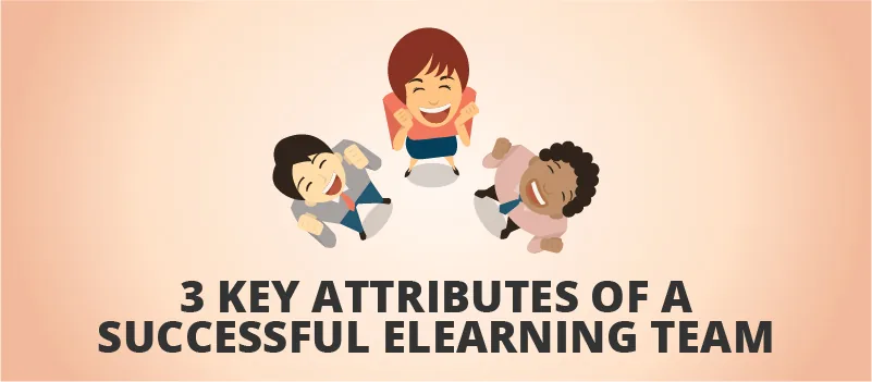 Tre persone stilizzate sorridenti viste dall’alto rappresentano la collaborazione e la positività di un team eLearning